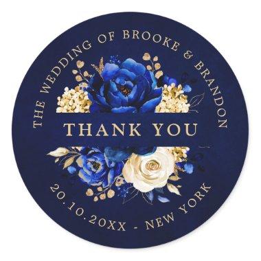 Royal Blue Yellow Gold Metallic Floral Thank you C Classic Round Sticker