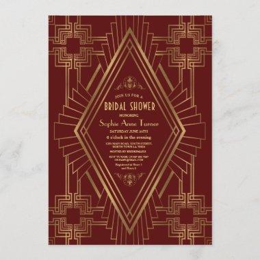 Royal Burgundy Gold Great Gatsby Bridal Shower Invitations