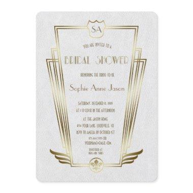 Royal Gold Art Deco Monogram White Bridal Shower Invitations