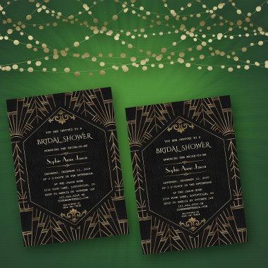 Royal Gold Black Great Gatsby 1920s Bridal Shower Invitations