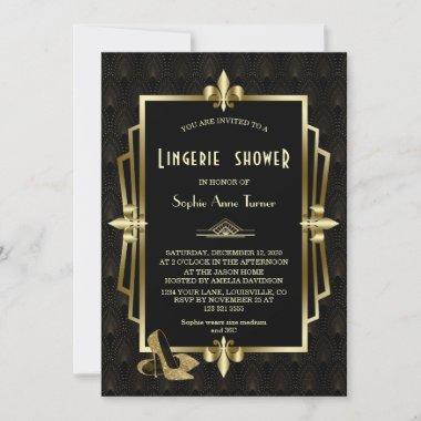 Royal Gold Black Great Gatsby Lingerie Shower Invitations