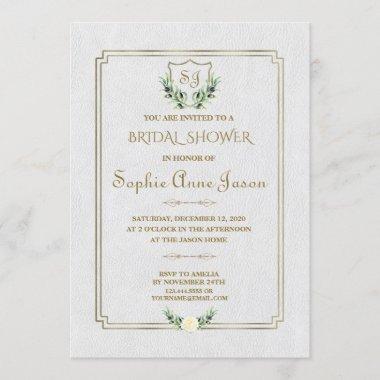 Royal Gold Crest Greenery Floral Bridal Shower Invitations