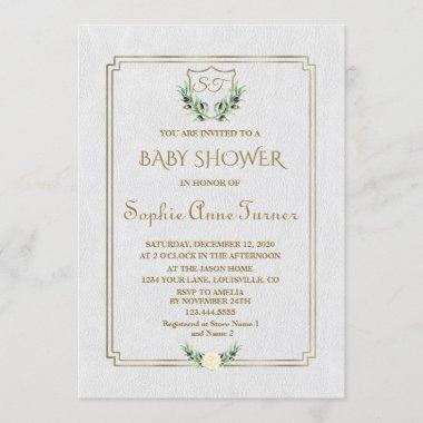 Royal Gold Crest Lush Greenery Baby Shower Invite