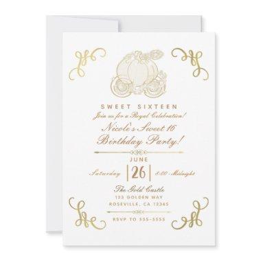 Royal Golden Gold Pumpkin Carriage Sweet 16 Party Invitations