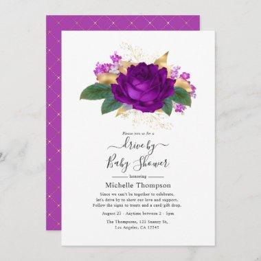Royal Purple and Gold Floral Drive By Shower Invitations