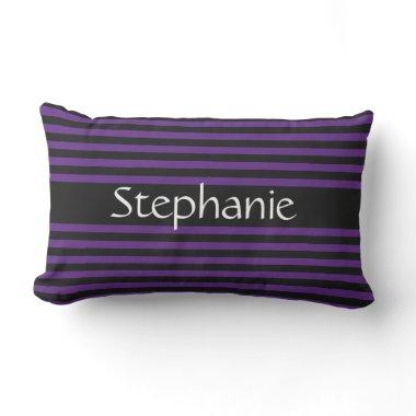 Royal Purple Black Stripes White Custom Name Lumbar Pillow
