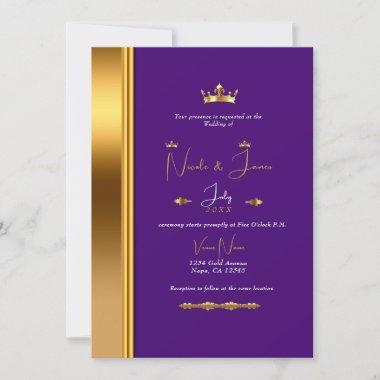 Royal Purple Gold Crown Elegant Glam Wedding  Invitations