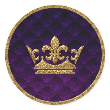 Royal Purple & Gold Crown Storybook Wedding Favor Classic Round Sticker