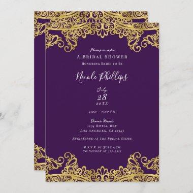 Royal Purple & Gold Lace Elegant Bridal Shower   Invitations