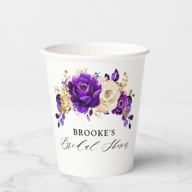 Royal Purple Violet Gold Botanical Bridal Shower Paper Cups