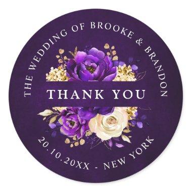 Royal Purple Violet Gold Botanical Thank you Clas Classic Round Sticker