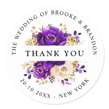 Royal Purple Violet Gold Botanical Thank you Classic Round Sticker