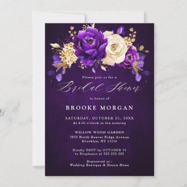 Royal Purple Violet Gold Floral Bridal Shower Inv Invitations