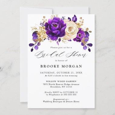 Royal Purple Violet Gold Floral Bridal Shower Invitations
