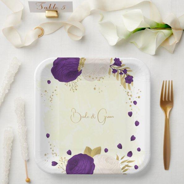royal purple & white flowers gold paper plates