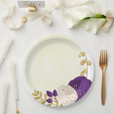 royal purple & white flowers gold paper plates