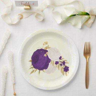 royal purple & white flowers gold paper plates