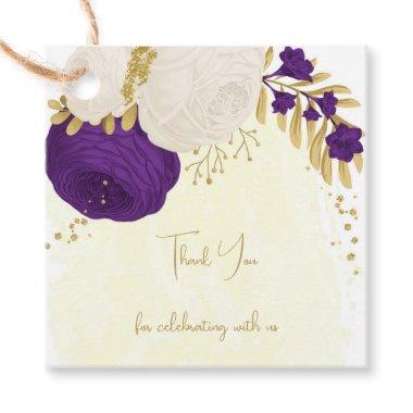 royal purple & white flowers gold wedding favor tags