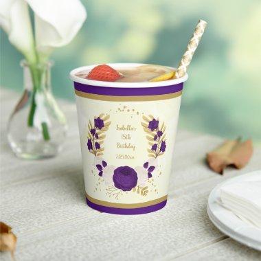 royal purple & white flowers gold wreath paper cups