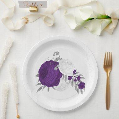 royal purple & white flowers silver paper plates