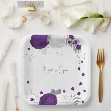 royal purple & white flowers silver paper plates