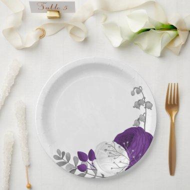 royal purple & white flowers silver paper plates