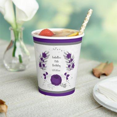 royal purple & white flowers silver wreath paper cups
