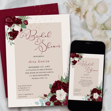 Royal Rose Burgundy Ivory Floral Bridal Shower Invitations