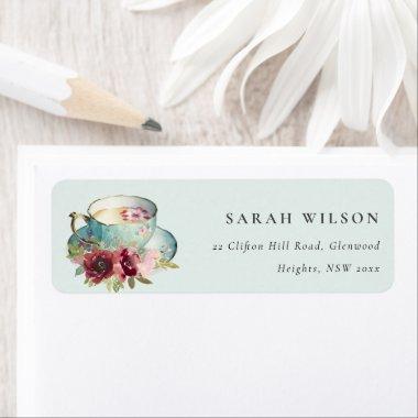 Royal Teal Gold Floral Teacup Tea Party Address Label