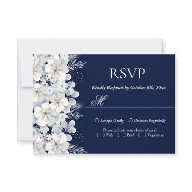 RSVP card white flower sakura navy blue