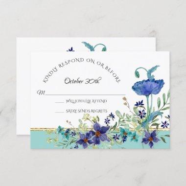 RSVP Wedding Aqua Blue w Poppy Watercolor Floral Invitations