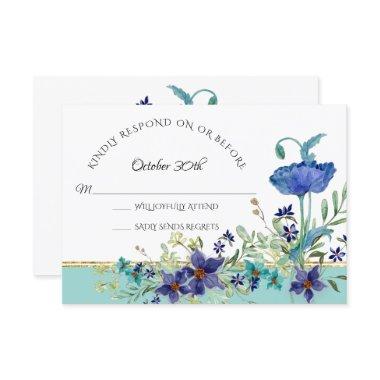 RSVP Wedding Aqua Blue w Poppy Watercolor Floral Invitations