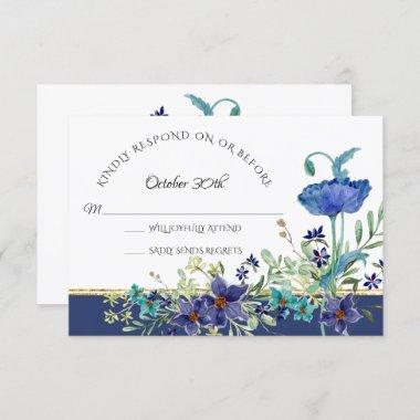 RSVP Wedding Blue Poppy Foliage Watercolor Floral Invitations
