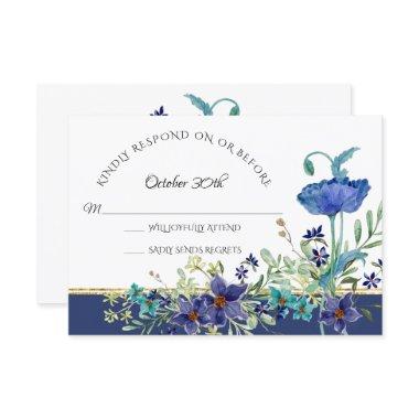 RSVP Wedding Blue Poppy Foliage Watercolor Floral Invitations