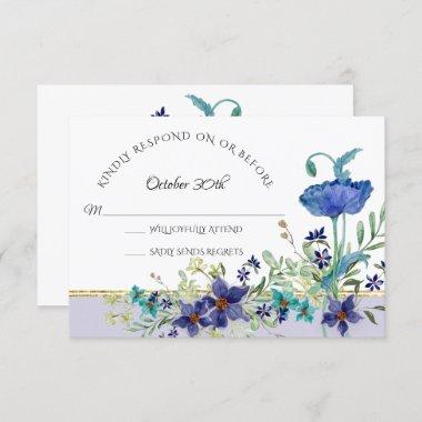 RSVP Wedding Lavender Blue Poppy Watercolor Floral Invitations
