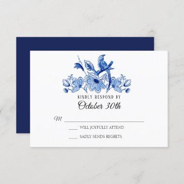 RSVP Wedding Navy Chinoiserie Floral Watercolor Invitations