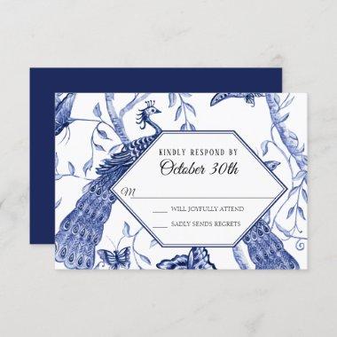 RSVP Wedding Navy Chinoiserie Peacock Butterflies Invitations