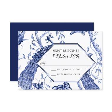 RSVP Wedding Navy Chinoiserie Peacock Butterflies Invitations