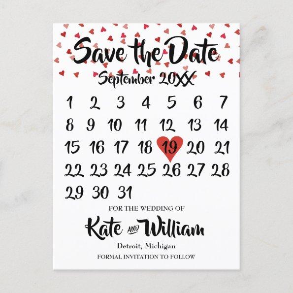 Ruby Red Love Heart Calendar Save the Date Announcement PostInvitations