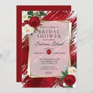 Ruby Red Peonies and Crimson Paint Stroke Invitations
