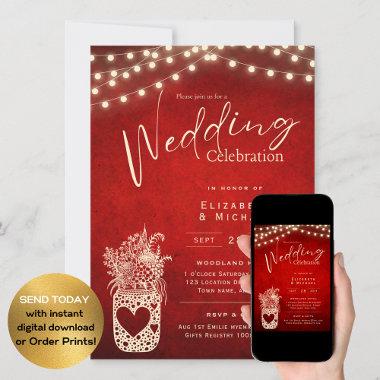 Ruby Red Rustic Mason Jar Wedding DIGITAL Print Invitations