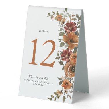 Rust Burnt Orange Floral Fall Wedding Table Number Table Tent Sign