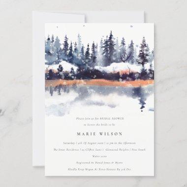Rust Navy Winter Pine Forest Snow Bridal Shower Invitations