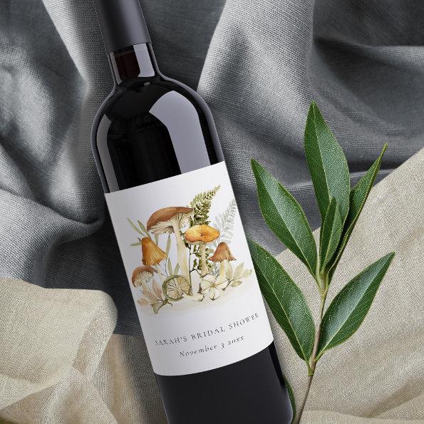 Rust Orange Mushroom Fern Foliage  Wine Label
