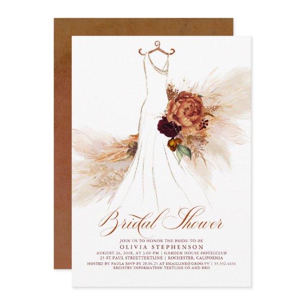 Rust Terracotta Floral Pampas Grass Bridal Shower Invitations