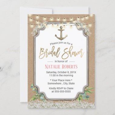 Rustic Anchor String Lights Kraft Bridal Shower Invitations