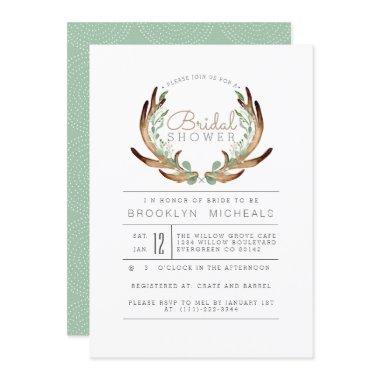 Rustic Antler and Vine Watercolor Bridal Shower Invitations