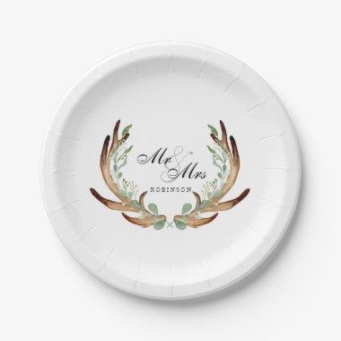 Rustic Antlers & Greenery | Watercolor Mr & Mrs Paper Plates