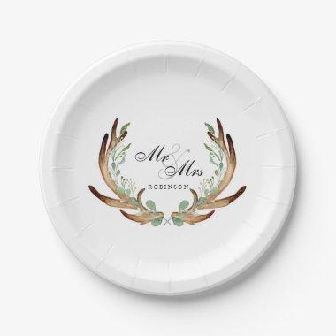 Rustic Antlers & Greenery | Watercolor Mr & Mrs Paper Plates