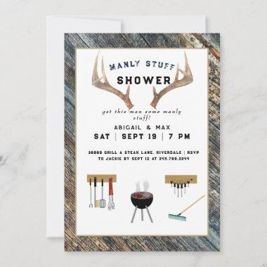 Rustic Antlers Manly Stuff Couples Wedding Shower Invitations